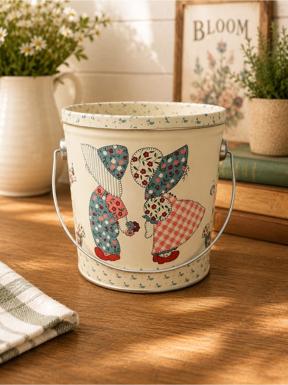 Vintage Holly and Robby Hobbie patchwork-style metal storage tin